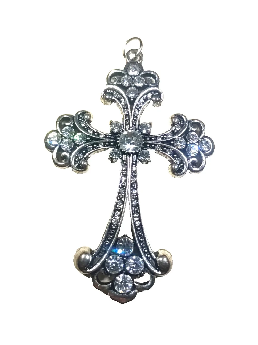 Large Cross Pendant Silver Tone Rhinestone Elegant Religious